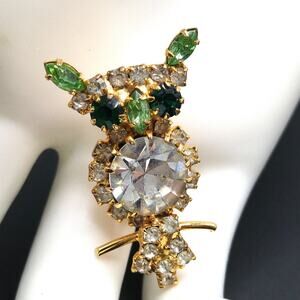 Vintage Green Rhinestone Owl Brooch, Uranium Glass Ears Nose, Gold Plated